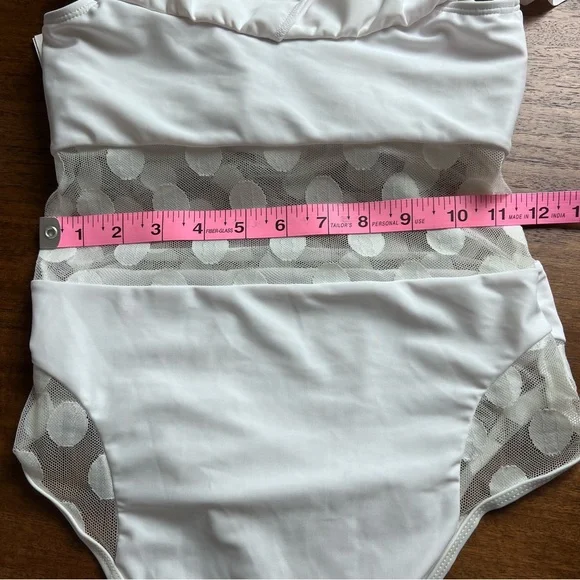 Aura White One Piece Swimsuit Sheer Panels Polka Dots Off Shoulder Size Small - Picture 5 of 11